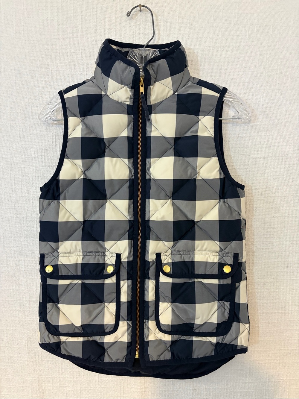 J.CREW Excursion Puffer Women's Navy/Cream Plaid Quilted Vest Full Zip XXXS